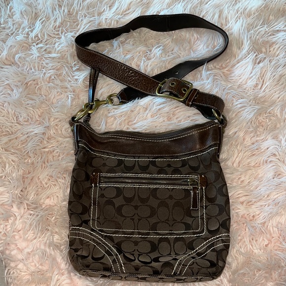 Coach Handbags - Brown Coach material bag 10”x10” with heavy brass colored hardware